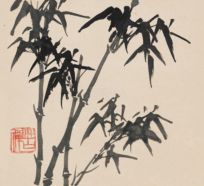 李苦禅墨竹镜心泥金纸本作品欣赏