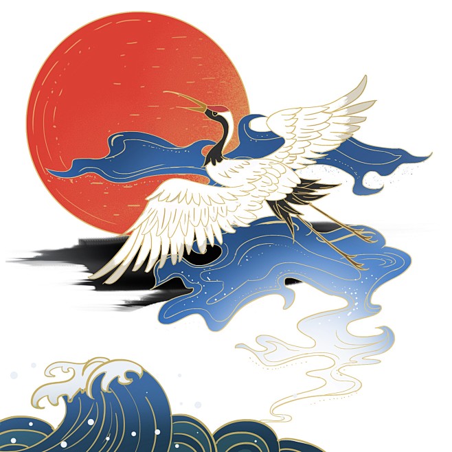源文件可下载国潮风仙鹤山水中国风传统古典手绘中式插画元素高清png