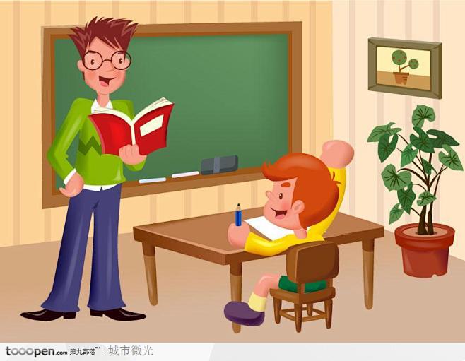 儿童学习插画课堂上教书的男老师和举手的学生