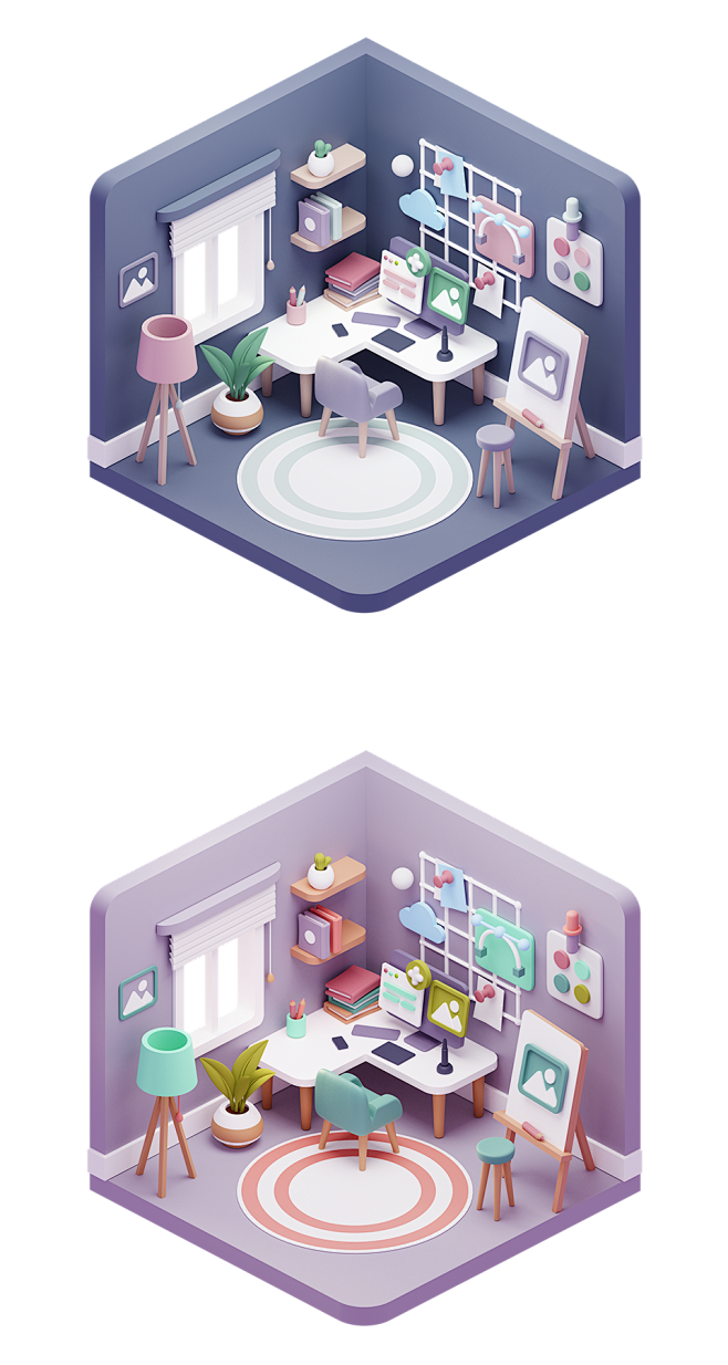 等距三维3d家庭办公环境场景blend源文件fig动画文件