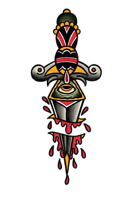 彩色oldschool匕首纹身手稿