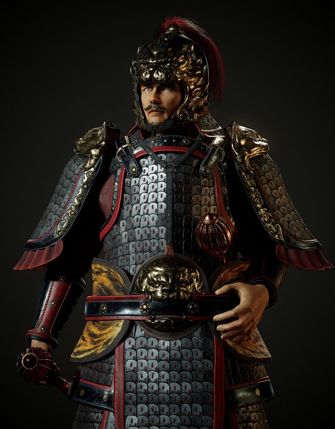 中国古代唐朝武将盔甲金瓜锤