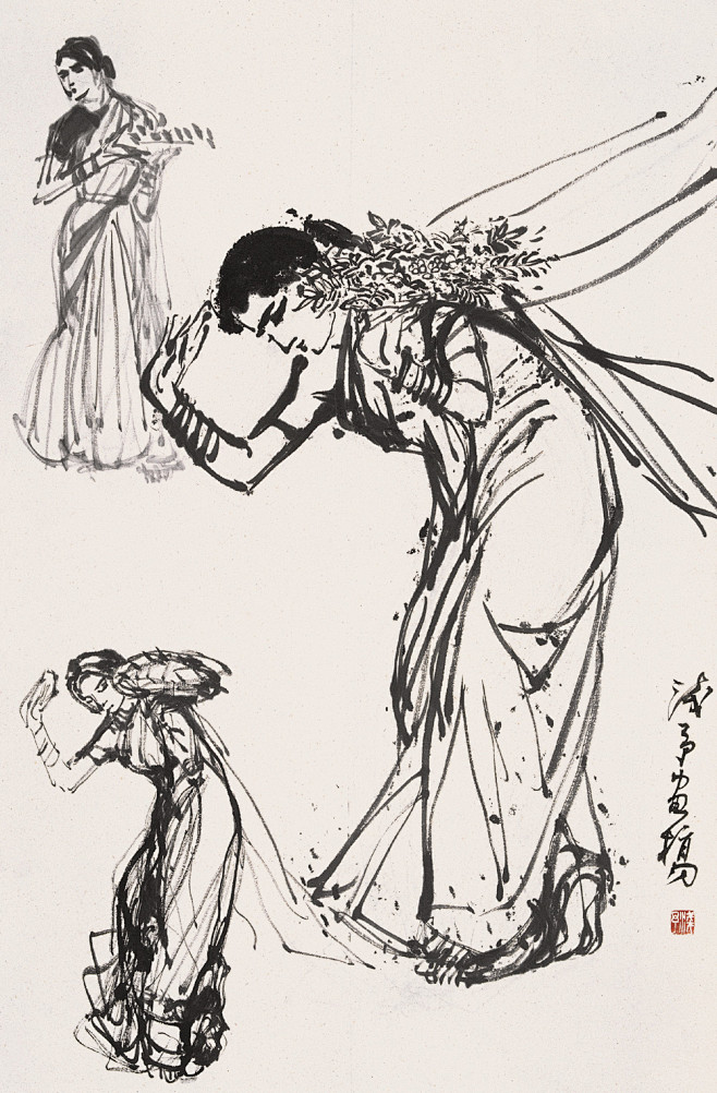 叶浅予白描舞者镜心