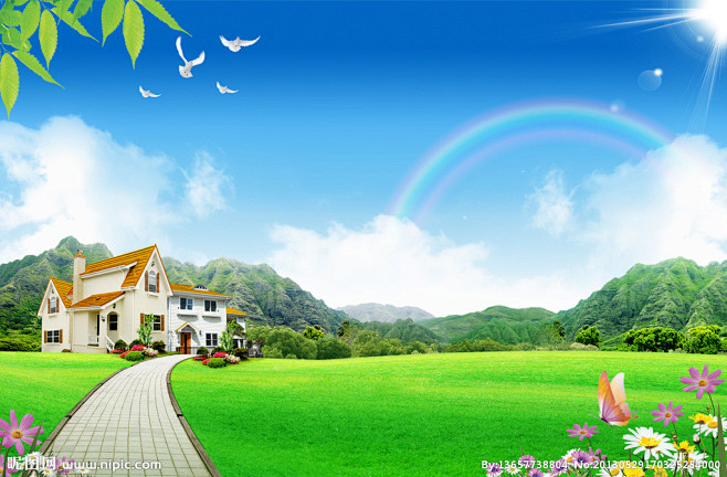 自然图片蓝天白云房子图片蓝天草地蓝天白云草地房子春天的图片景色画