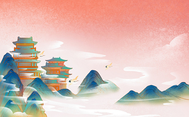 工笔国潮古风建筑原创插画素材国风手绘祥云山石国潮古风背景古建筑