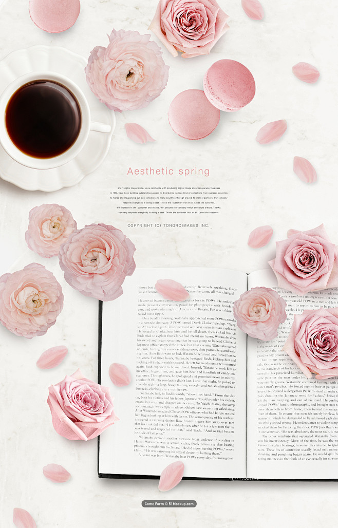 白瓷咖啡粉色玫瑰书本零星花瓣白色背景鲜花主题海报psd平面设计海报