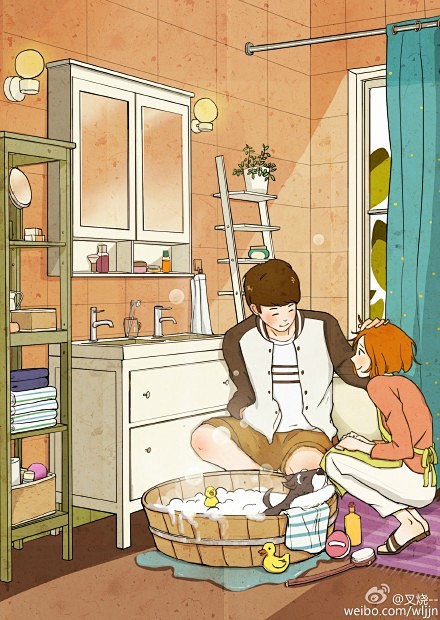 给狗狗小刀洗澡 #我不喜欢这世界,我只喜欢你##手绘##插画##情侣