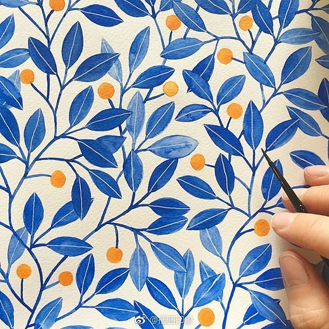 手绘水彩插画花草图案纹样来自画师kirstensevig