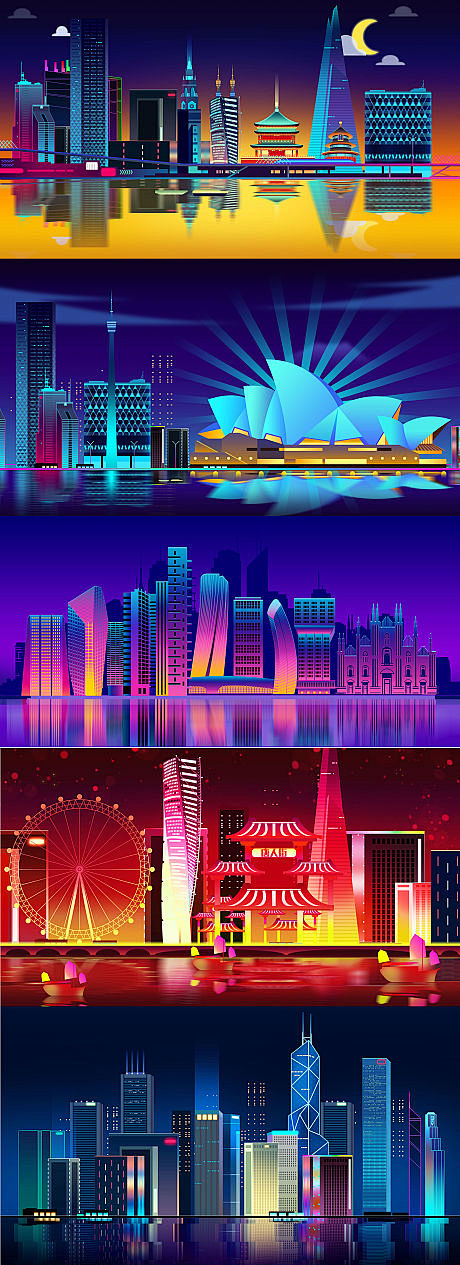 源文件下载炫彩炫酷城市夜景建筑摩天轮悉尼歌剧院插画11718