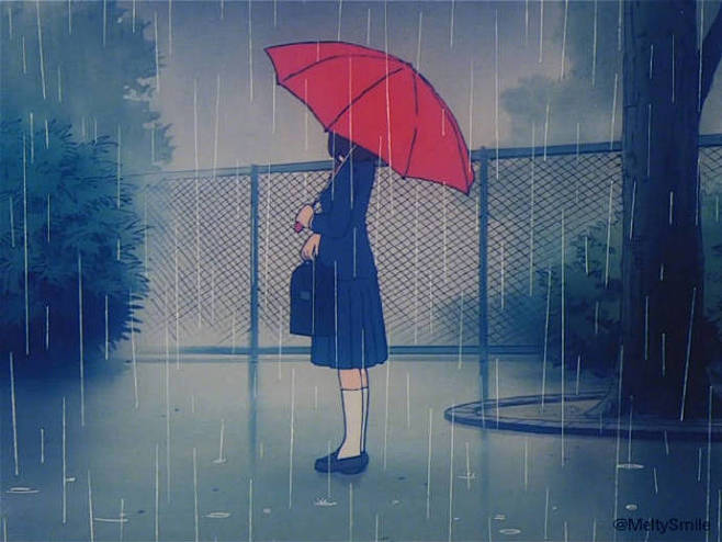 gif雨雨中侧面撑伞背影制服女孩