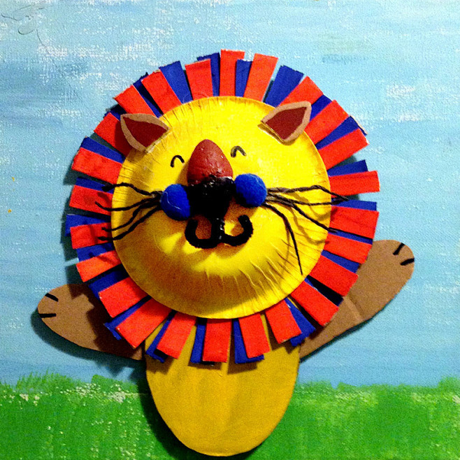 亲子互动纯手工diy制作 彩色纸盘 儿童画儿童房装饰画 小狮子 #手工