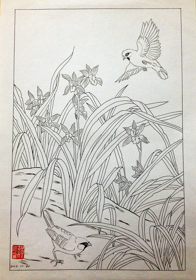 工笔画线描兰花