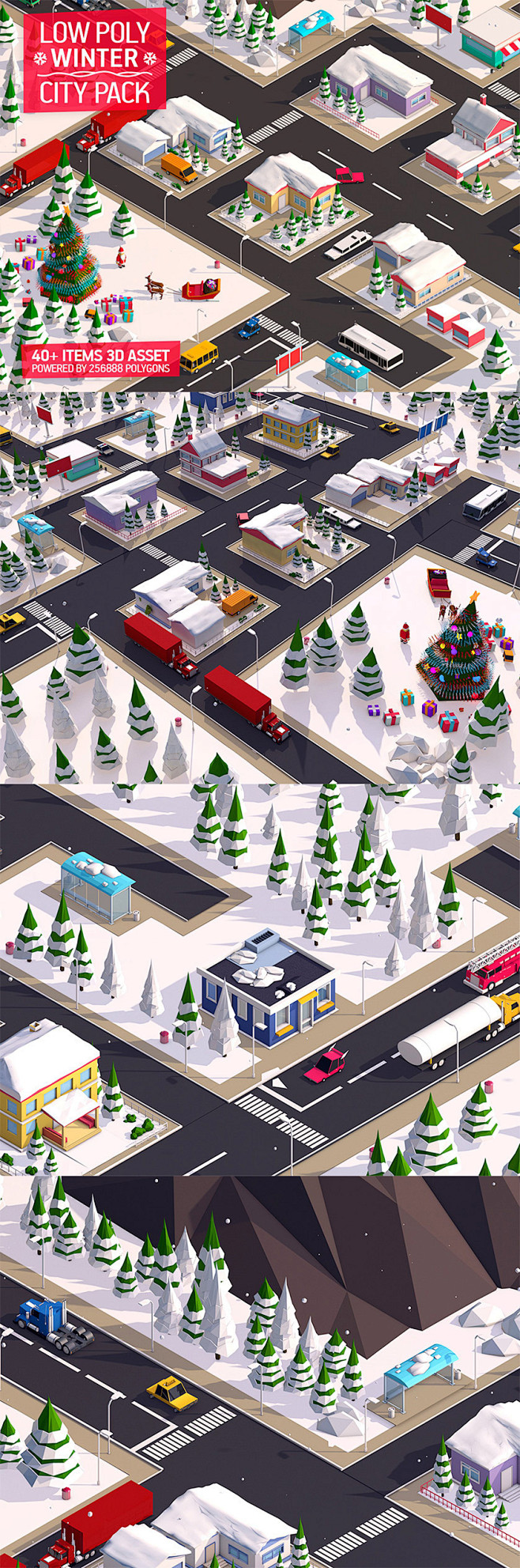 低多边形lowpoly冬季圣诞节新年场景的小镇城市大场景c4d素材下载c4d
