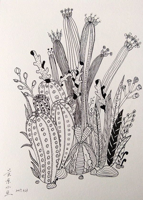 手绘插画仙人掌线稿