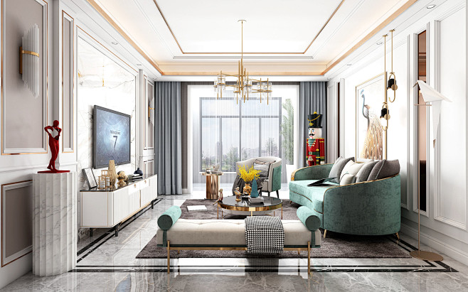 简欧客餐厅沙发组合餐桌椅饰品摆件室内设计拓者设计吧