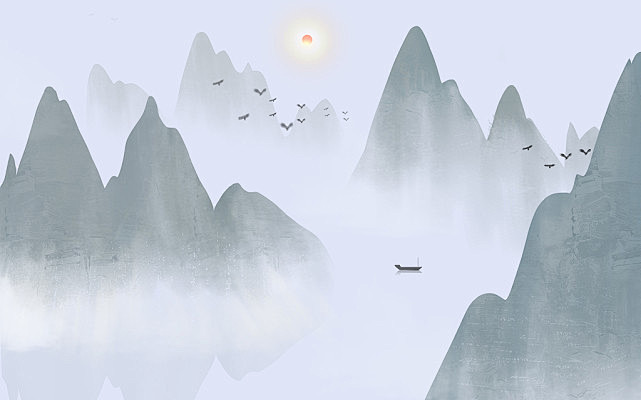 水墨山水中国山水风景原创插画背景
