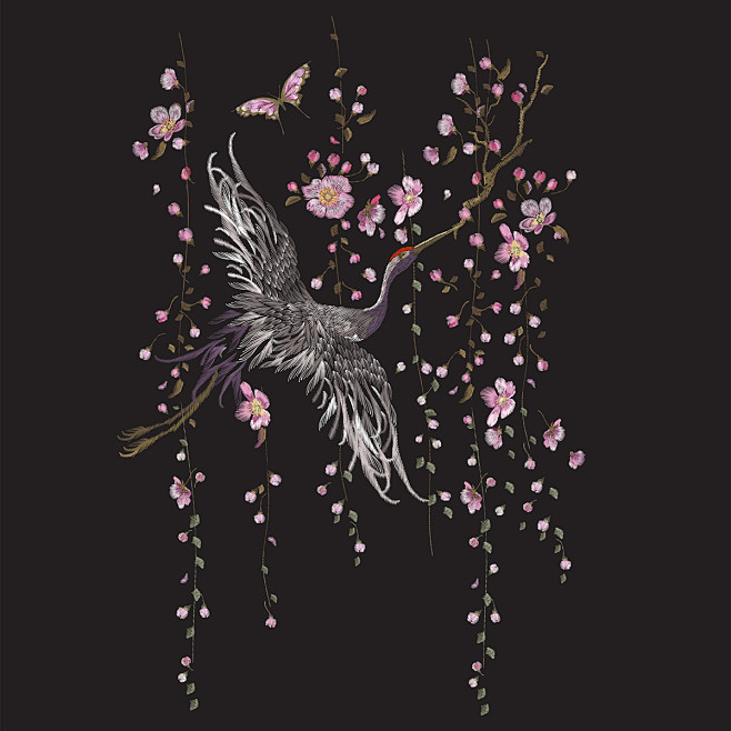 矢量图ai中国风花鸟花卉花枝鸟丹顶鹤昆虫蝴蝶绣花家纺插画师n