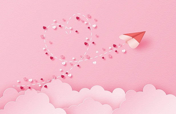 粉色清新情人节背景爱心折纸飞机云朵背景素材