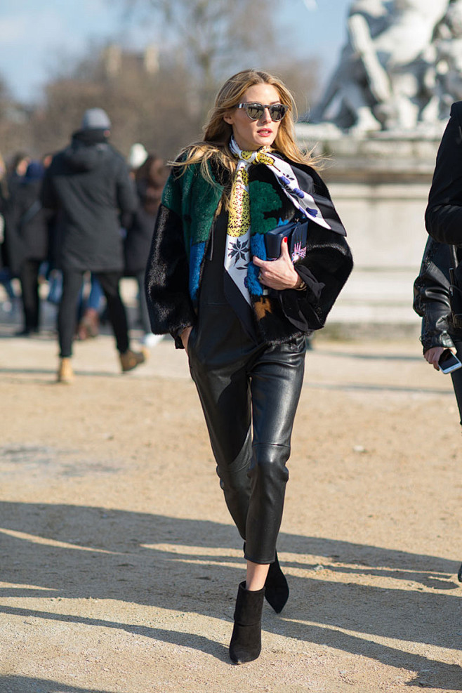 奥利维亚巴勒莫oliviapalermo黑色拼接皮草外套黑色圆领卫衣黑色九分
