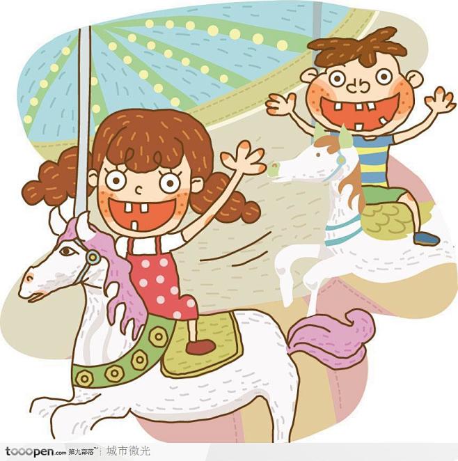 简笔画儿童插画游乐园骑着旋转木马的男孩和女孩