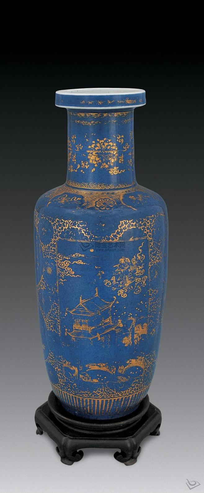 清康熙洒蓝描金山水草虫纹棒槌瓶