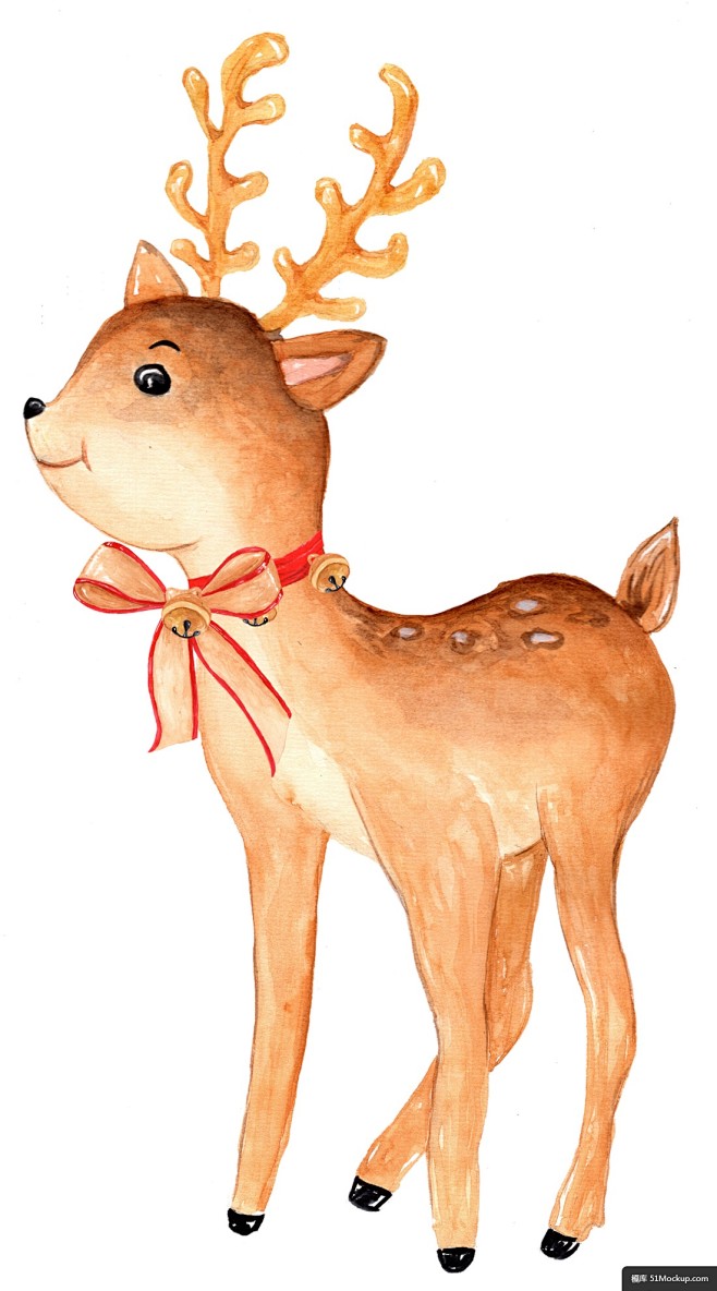 圣诞气氛装饰手绘可爱梅花鹿铜色铃铛模板免扣png