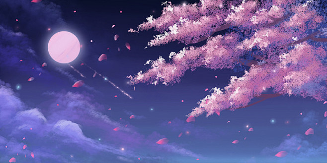 手绘唯美夜景樱花原创插画海报