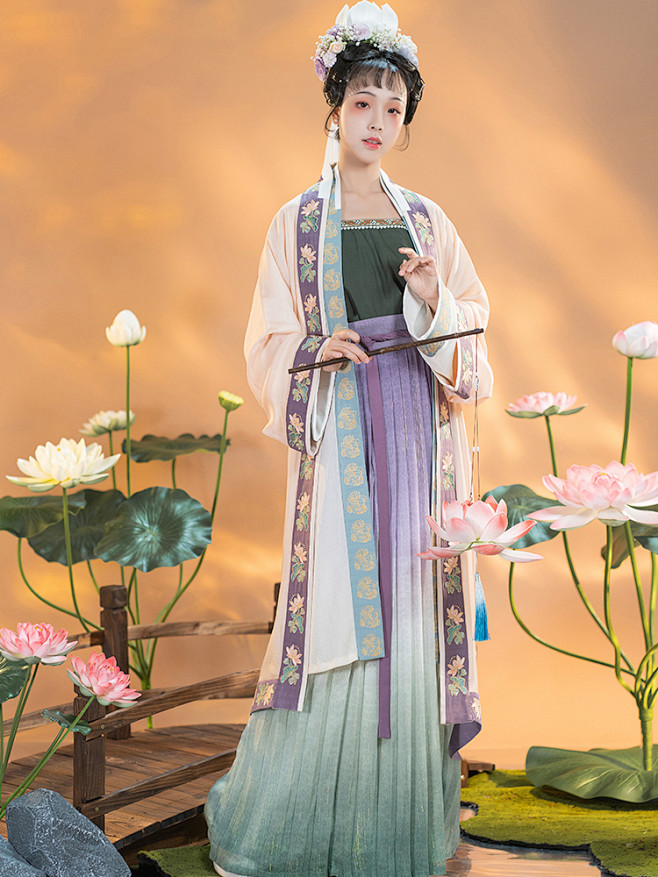 海棠私语丨妙音娘子宋制汉服女春夏季全衣缘长褙子渐变褶裙四件套-淘