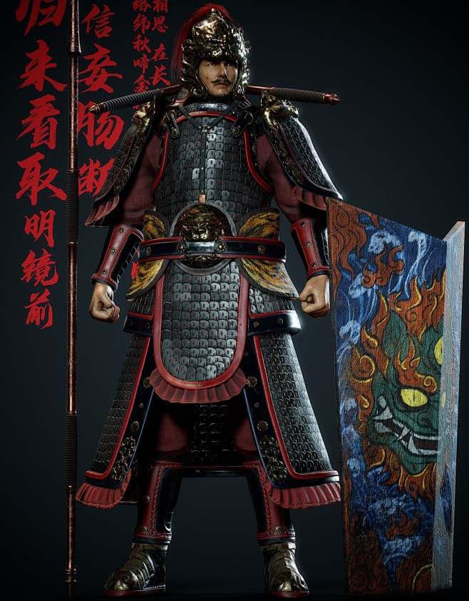 中国古代唐朝武将盔甲金瓜锤