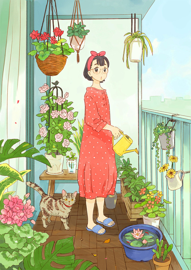 在阳台花园浇水的女孩子