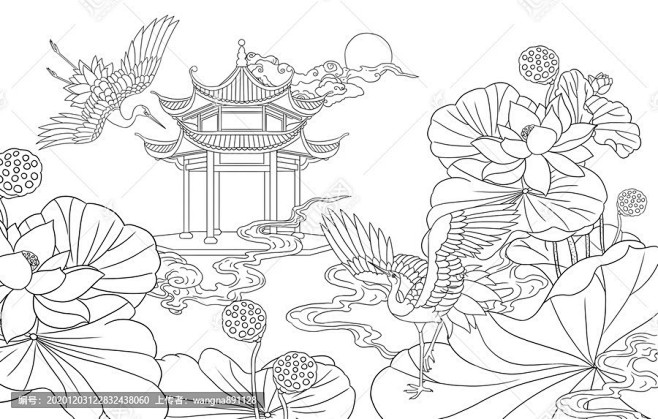 国潮西湖建筑线描