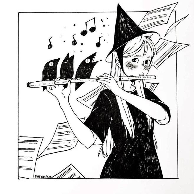 黑白插画女生吹笛子