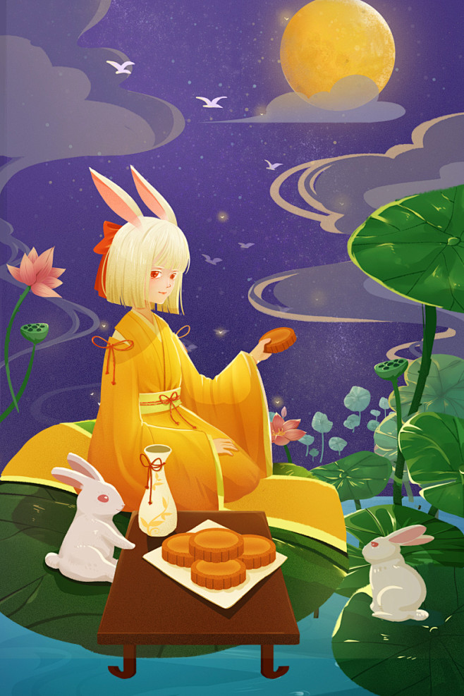 中秋节精美中国风插画兔子少女吃月饼