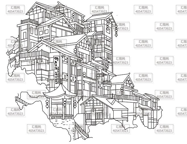 重庆洪崖洞吊脚楼线稿