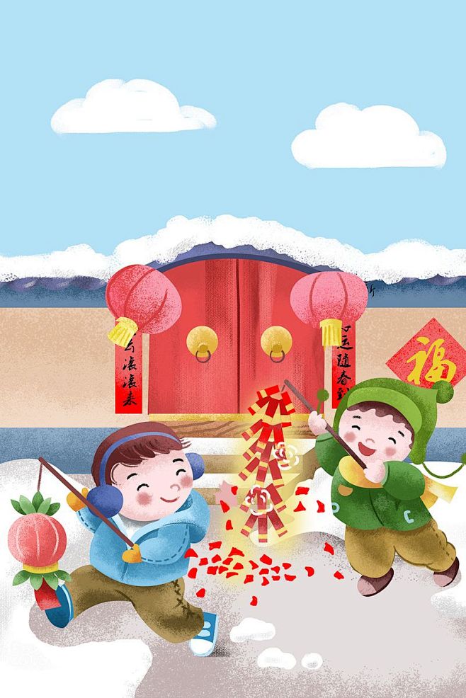 新春佳节热热闹闹过大年手绘插画