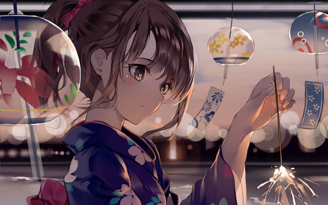 动漫1869x1168风铃浴衣烟火日落动漫女孩动漫黑发黑马尾辫发光的眼睛