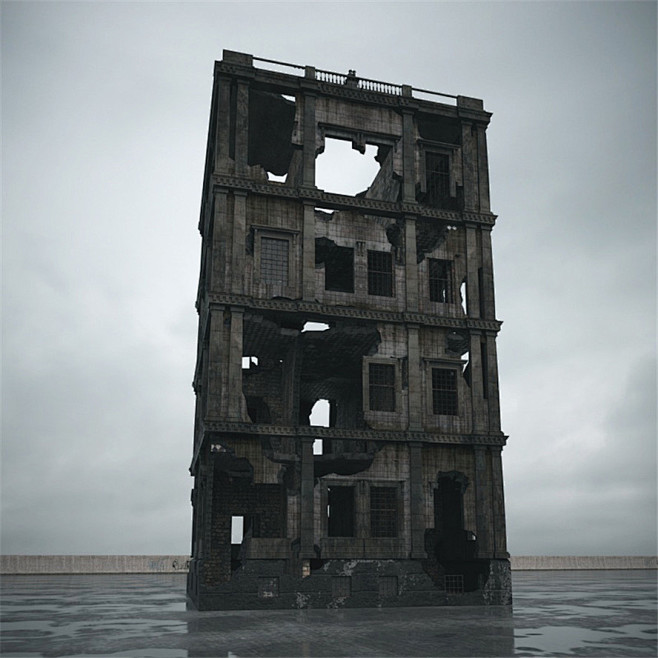 战后城市灾难建筑废墟汽车飞机楼房房屋3dmax模型设计素材7