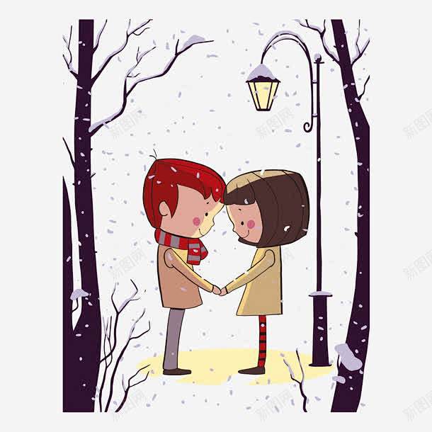 雪中的小情侣矢量图高清素材女孩恋爱情侣浪漫男孩矢量图路灯雪花元素
