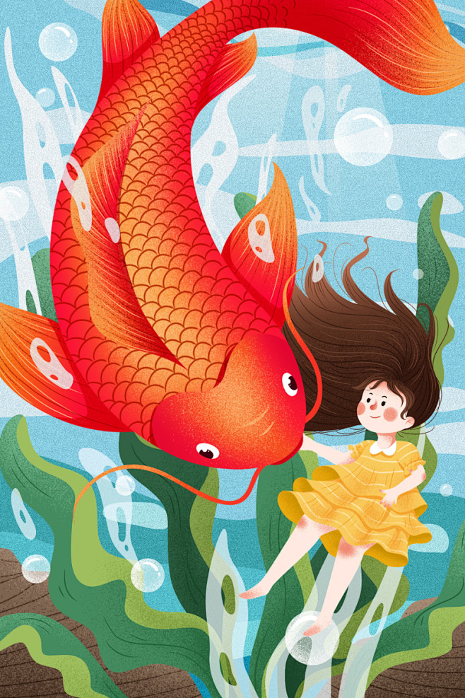 清新好运锦鲤鱼女孩水里嬉戏插画