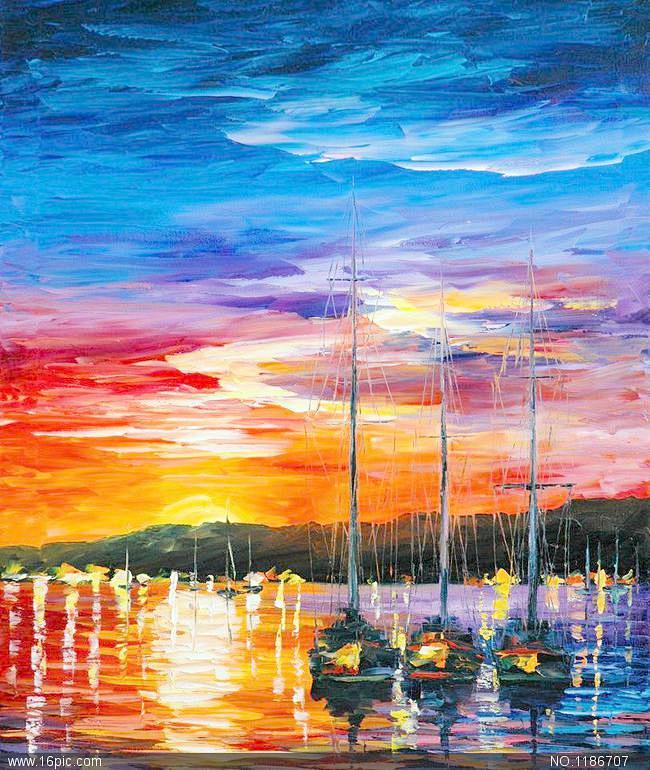 油画海港落日图片