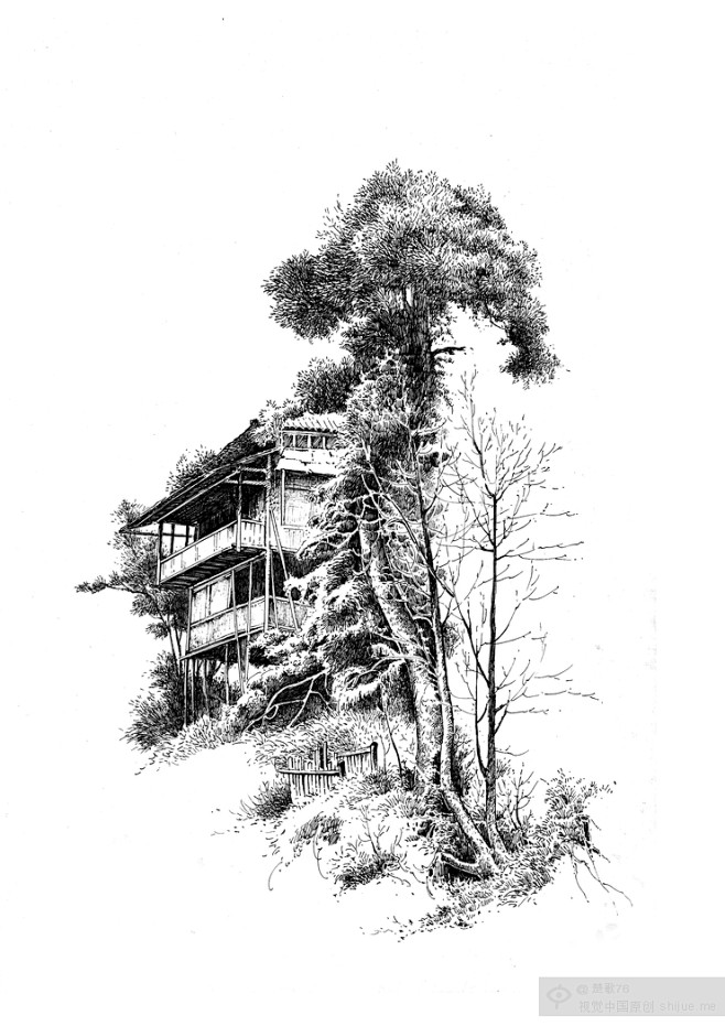 哦吼u00从一朵棉花转采于2019-04-09 21:14:35楚歌钢笔画-吊脚楼插画