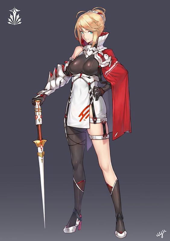 女骑士长矛盔甲金发黑白红
