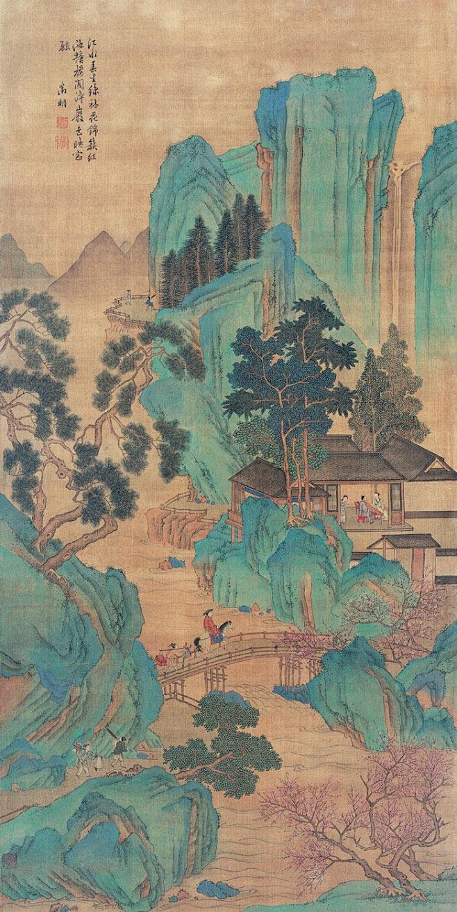 文徵明春溪访友春山游骑图江水春生绿林花锦簇红池塘楼阁净岩色映窗融