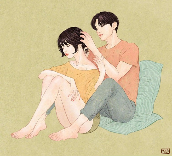 黏在一起的恩爱情侣韩国插画图片