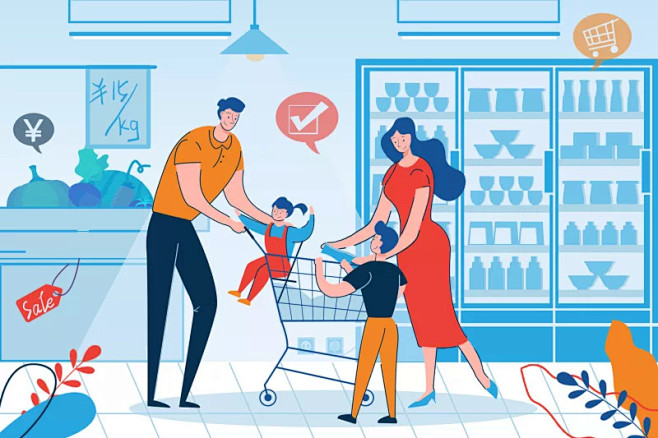 蓝色扁平化超市购物亲子活动便利店消费插画