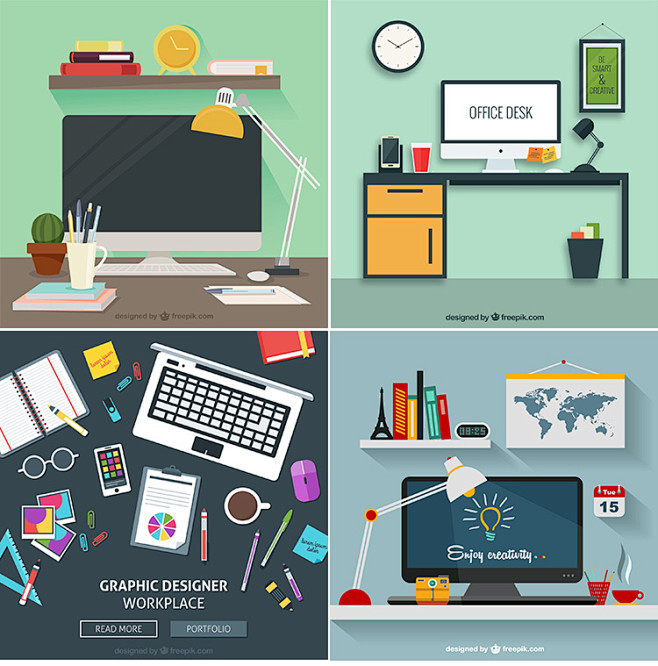 扁平化卡通文具办公桌面工作台设计工作商务banner海报设计淘宝网