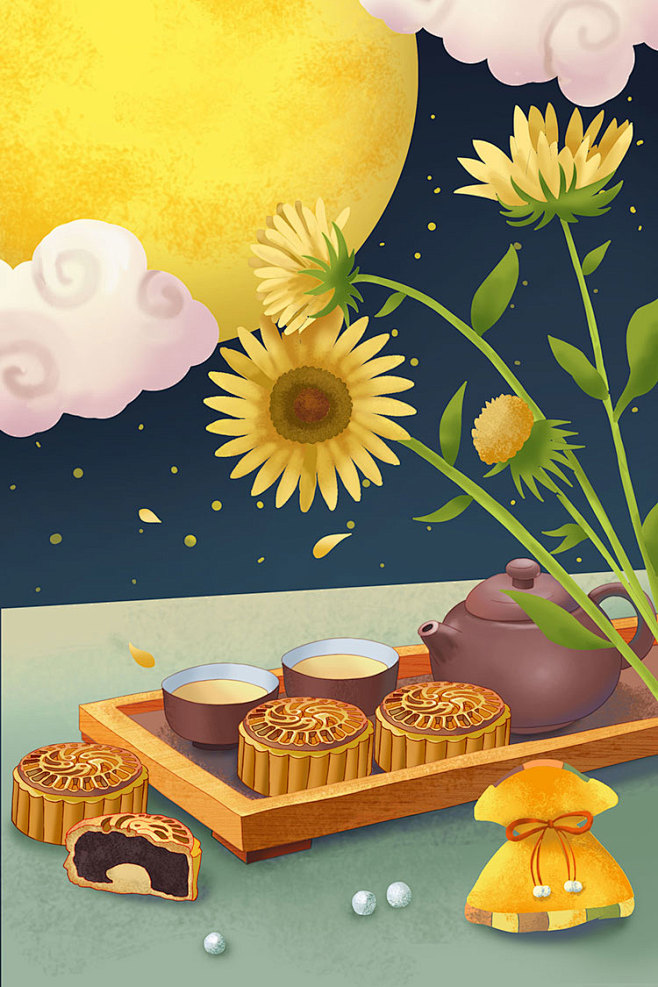 中秋佳节月饼月亮团圆手绘卡通包装插画背景电商专题psd设计素材淘宝