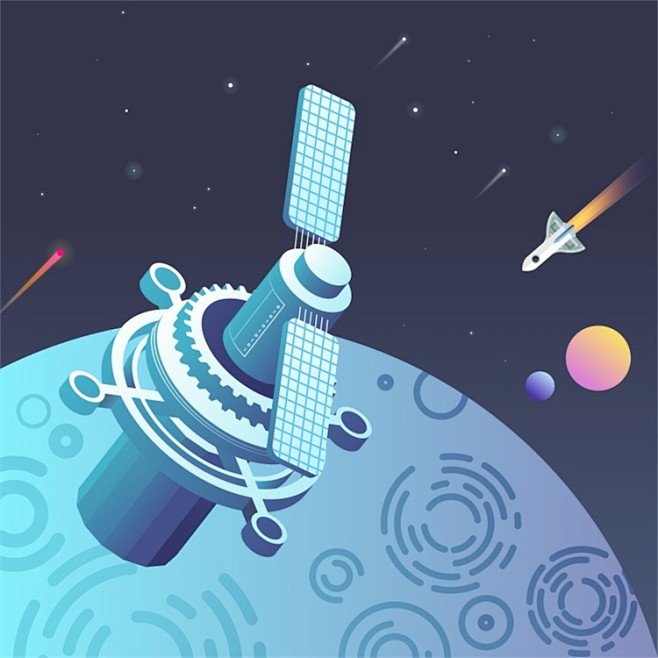 现代科技星空月亮卫星火箭星座机器探险车插画海报