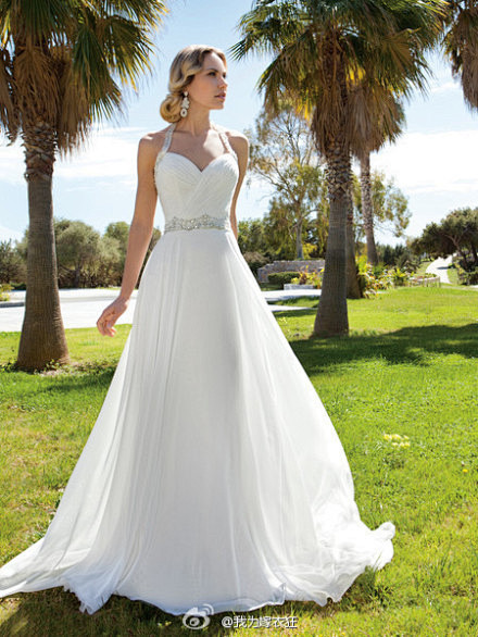 demetrios的浪漫雪纺婚纱系列露肩美人鱼礼服甜心领口花边胸衣与花钉