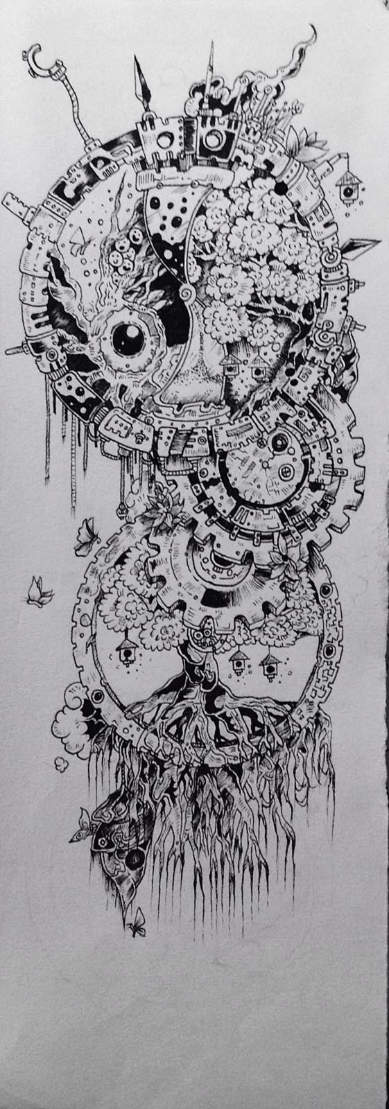 黑白插画齿轮树